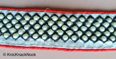 Red / Pink And White Fabric Trim With Blue / Black/ Yellow Embroidery With Off White Pearls, Approx. 40mm Wide - 200317L166 / 67 / 68Trim
